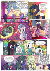 Size: 1363x1920 | Tagged: safe, artist:pencils, derpibooru import, fluttershy, maud pie, pinkie pie, princess celestia, rainbow dash, spike, twilight sparkle, twilight sparkle (alicorn), oc, oc:fannie noveau, oc:moonglow twinkle, oc:sky shatter, oc:speck, alicorn, bat pony, dragon, earth pony, pegasus, pony, unicorn, comic:anon's pie adventure, bat pony oc, bow, comic, crown, crying, dialogue, dock, fangs, female, glasses, jewelry, lecture, male, mare, necklace, open mouth, pocket watch, psychedelic, regalia, ribbon, speech bubble, stallion, tail bow, teary eyes