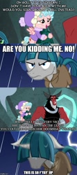 Size: 500x1125 | Tagged: safe, edit, edited screencap, screencap, cozy glow, lord tirek, queen chrysalis, stygian, centaur, changeling, changeling queen, pegasus, pony, unicorn, frenemies (episode), shadow play, bewitching bell, comic, screencap comic