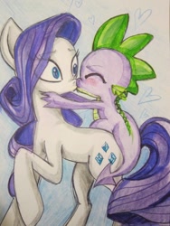 Size: 480x640 | Tagged: safe, artist:paiperbok, rarity, spike, dragon, pony, unicorn, blushing, female, heart, kissing, male, shipping, sparity, straight, traditional art