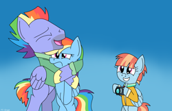 Size: 5100x3300 | Tagged: safe, artist:toonboy92484, derpibooru import, bow hothoof, rainbow dash, windy whistles, pegasus, pony, camera, embarrassed, fathers gonna father, hug, rainbow dash is not amused, unamused