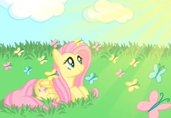 Size: 1275x881 | Tagged: safe, artist:ohemo, fluttershy, butterfly, pegasus, pony, female, mare, pink mane, yellow coat