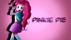 Size: 3840x2160 | Tagged: safe, artist:herostrain, pinkie pie, equestria girls, boots, bracelet, clothes, high heel boots, jewelry, looking at you, pink background, raised leg, simple background, skirt, solo