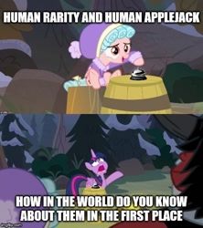 Size: 500x562 | Tagged: safe, edit, edited screencap, screencap, cozy glow, lord tirek, queen chrysalis, twilight sparkle, changeling, changeling queen, pegasus, pony, a trivial pursuit, frenemies (episode), bell, caption, comic, image macro, implied lesbian, implied rarijack, implied shipping, screencap comic, text