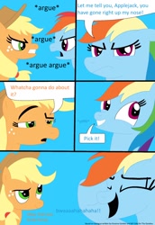 Size: 1300x1894 | Tagged: safe, artist:didgereethebrony, derpibooru import, applejack, rainbow dash, earth pony, pegasus, pony, argument, comedy, one liner, reference, the goodies