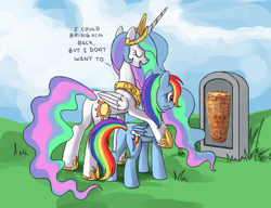 Size: 910x700 | Tagged: safe, derpibooru import, edit, princess celestia, rainbow dash, alicorn, pegasus, pony, butt, celestia's grave meme, döner, exploitable meme, female, food, implied death, kebab, mare, meme, plot