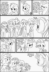 Size: 1042x1523 | Tagged: safe, artist:write-animate-design, derpibooru import, applejack, fluttershy, pinkie pie, rainbow dash, rarity, twilight sparkle, earth pony, pony, anotherponyhorseshoe, blenderguy, body swap, comic book, monochrome, race swap