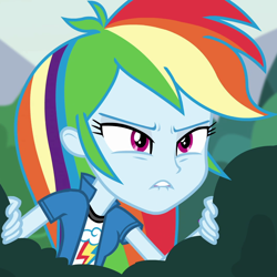 Size: 1080x1080 | Tagged: safe, derpibooru import, screencap, rainbow dash, equestria girls, friendship games, pinkie spy (short), bush, cropped, lip bite, solo