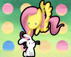 Size: 1500x1200 | Tagged: safe, artist:cosmicponye, angel bunny, fluttershy, pegasus, pony, rabbit, female, mare, pet, pink mane, yellow coat