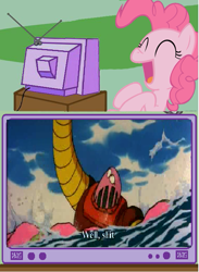 Size: 565x771 | Tagged: safe, pinkie pie, earth pony, pony, boss borot, crabstick, exploitable meme, getter robo, great mazinger, great mazinger vs. getter robo, mazinger, meme, obligatory pony, tv meme