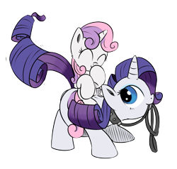 Size: 700x665 | Tagged: safe, artist:rainbow-dosh, artist:xioade, rarity, sweetie belle, pony, unicorn, bridle, collar, cute, diasweetes, female, leash, pet, pet play, ponies riding ponies, raribetes, raridog, riding, sisters, tack