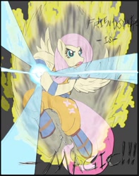 Size: 800x1017 | Tagged: safe, artist:art-phoenix, fluttershy, anthro, badass, dragon ball z, flutterbadass, kamehameha, parody