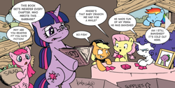 Size: 1190x602 | Tagged: safe, artist:katiecandraw, derpibooru import, idw, applejack, fluttershy, pinkie pie, rainbow dash, rarity, twilight sparkle, earth pony, pegasus, pony, unicorn, spoiler:comic, spoiler:comic19, dark mirror universe, equestria-3, frority, katie does it again, mane six, pinkamena diane pie