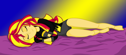 Size: 2416x1075 | Tagged: safe, artist:deannaphantom13, sunset shimmer, equestria girls, barefoot, equestrian city, feet, sleeping, solo