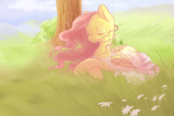 Size: 1800x1200 | Tagged: safe, artist:wolfiedrawie, fluttershy, pegasus, pony, clothes, dress, eyes closed, female, mare, smiling, solo, tree