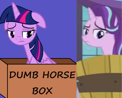 Size: 1733x1402 | Tagged: safe, screencap, starlight glimmer, twilight sparkle, twilight sparkle (alicorn), alicorn, pony, a royal problem, box, bucket, comparison, drama, floppy ears, pony in a box, sad, starlight drama, totally legit recap