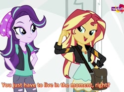 Size: 641x480 | Tagged: safe, screencap, starlight glimmer, sunset shimmer, equestria girls, mirror magic, spoiler:eqg specials, bag, clothes, duo, duo female, female, hand on hip, hat, jacket, pants, smiling, subtitles, teletoon