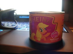 Size: 1024x768 | Tagged: safe, applejack, earth pony, pony, derp, heinz, pasta, tomato sauce