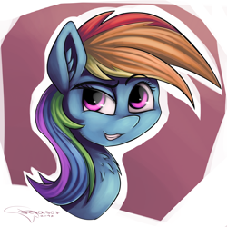 Size: 3000x3000 | Tagged: safe, artist:ferasor, derpibooru import, rainbow dash, pegasus, pony, bust, female, mare, multicolored hair, portrait, signature, simple background, solo, white background