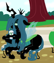 Size: 5800x6800 | Tagged: safe, artist:shrimpshogun, derpibooru exclusive, queen chrysalis, changeling, changeling queen, bench, cheeselegs, coffee, park, park bench, relaxing, sitting, starbucks, tree