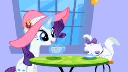 Size: 960x540 | Tagged: safe, screencap, opalescence, rarity, pony, unicorn, sweet and elite, animated, bow, cafe, cats doing cat things, coffee, cup, drink, drinking, duo, hat, lapping, magic, sipping, table, telekinesis, tongue out