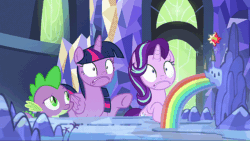 Size: 960x540 | Tagged: safe, edit, edited screencap, screencap, spike, starlight glimmer, twilight sparkle, twilight sparkle (alicorn), alicorn, dragon, pony, unicorn, a royal problem, animated, barely animated, cutie map, cutie mark, frown, gif, grimace, implied sunset shimmer, loop, perfect loop, raised hoof, shrunken pupils, sparkles, this will end in tears, wide eyes