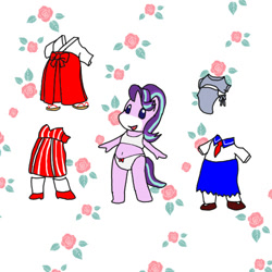 Size: 500x500 | Tagged: safe, artist:kushina13, starlight glimmer, anthro, unguligrade anthro, g1, belly button, bra, clothes, crop top bra, dressup, panties, ribbon, smiling, solo, takara pony, underwear, white underwear