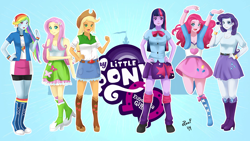 Size: 1280x720 | Tagged: safe, artist:poofcio, derpibooru import, applejack, fluttershy, pinkie pie, rainbow dash, rarity, twilight sparkle, equestria girls, equestria girls (movie), canterlot high, equestria girls logo, mane six, my little pony logo