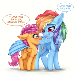 Size: 2500x2500 | Tagged: safe, artist:theanthropony, derpibooru import, rainbow dash, scootaloo, pegasus, pony, blushing, duo, eye contact, female, filly, floppy ears, hug, lidded eyes, looking at each other, mare, multicolored hair, open mouth, scootalove, simple background, sisterly love, smiling, speech bubble, white background, wing fluff, winghug