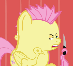 Size: 602x544 | Tagged: safe, fluttershy, pegasus, pony, faic, knife, wat, woll smoth