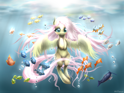 Size: 3000x2250 | Tagged: dead source, safe, artist:mlpanon, fluttershy, fish, pegasus, pony, flowing mane, solo, underwater, watershy