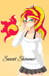 Size: 1024x1580 | Tagged: safe, artist:2074, sunset shimmer, human, adorkable, clothes, cute, cutie mark, dork, glasses, human coloration, humanized, miniskirt, moe, pixiv, pleated skirt, ponytail, shimmerbetes, shoulderless, skirt, solo, sweater
