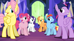 Size: 1191x670 | Tagged: safe, artist:asika-aida, derpibooru import, applejack, applejack (male), bubble berry, butterscotch, dusk shine, elusive, fluttershy, pinkie pie, prince dusk, rainbow blitz, rainbow dash, rarity, twilight sparkle, twilight sparkle (alicorn), alicorn, earth pony, pegasus, pony, unicorn, twilight's kingdom, let the rainbow remind you, mane six, rule 63, scene interpretation