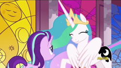 Size: 1280x720 | Tagged: safe, screencap, princess celestia, starlight glimmer, alicorn, pony, unicorn, a royal problem, cute, cutelestia, discovery family logo, eyes closed, female, happy, hug, jewelry, lip bite, mare, peytral, regalia, rejuvenation, self-hugging, smiling, swapped cutie marks, winghug