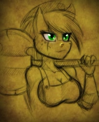Size: 482x591 | Tagged: safe, artist:lil miss jay, applejack, anthro, applerack, axe, breasts, bust, cleavage, female, piercing, scar, solo, weapon