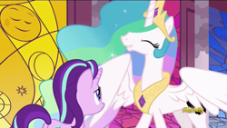 Size: 1280x720 | Tagged: safe, screencap, princess celestia, starlight glimmer, alicorn, pony, a royal problem, eyes closed, invisible stallion, lip bite, out of context