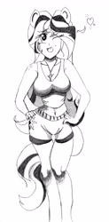 Size: 2418x4900 | Tagged: safe, artist:mark-terron, sunset shimmer, equestria girls, belly button, bellyring, breasts, clothes, female, grayscale, heart, midriff, monochrome, piercing, ponied up, shorts, solo, sunset jiggler, tanktop, traditional art, wink