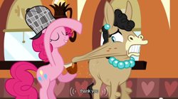 Size: 640x355 | Tagged: safe, screencap, mulia mild, pinkie pie, donkey, earth pony, pony, mmmystery on the friendship express, bubble pipe, deerstalker, duo, female, hat, mare, mlp-captions, youtube caption