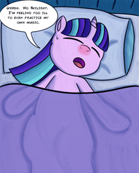 Size: 2400x3000 | Tagged: safe, artist:saburodaimando, starlight glimmer, pony, unicorn, bed, blanket, cold, dialogue, eyes closed, implied twilight sparkle, on back, open mouth, pillow, red nosed, sick, solo, sweat, sweatdrop