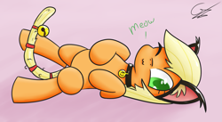 Size: 1681x918 | Tagged: safe, artist:bloodwolvenl, applejack, cat, earth pony, pony, :3, applecat, bell, cat bell, cat ears, collar, pet tag, tail bell