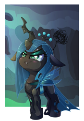 Size: 1403x2000 | Tagged: safe, artist:discorded, queen chrysalis, changeling, changeling queen, :t, cute, cutealis, female, filly, filly queen chrysalis, floppy ears, grumpy, hive, hmph, i'm not cute, scrunchy face, solo, weapons-grade cute, younger