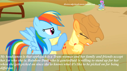 Size: 500x281 | Tagged: safe, derpibooru import, screencap, applejack, rainbow dash, earth pony, pegasus, pony, diverse-mlp-headcanons, genderfluid, headcanon, transgender