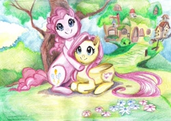 Size: 1500x1062 | Tagged: safe, artist:paulina-ap, fluttershy, pinkie pie, earth pony, pegasus, pony, female, flutterpie, hug, lesbian, looking at you, prone, shipping, sitting, smiling, traditional art