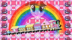 Size: 1280x720 | Tagged: safe, derpy hooves, rarity, twilight sparkle, pegasus, pony, unicorn, chibi, chubbie, female, friendship express, mare, olibacon, rainbow, smiling, train, wat, youtube link, youtube poop