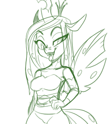 Size: 680x764 | Tagged: safe, artist:annakitsun3, queen chrysalis, anthro, changeling, changeling queen, fangs, female, grin, lineart, monochrome, open mouth, raised eyebrow, smiling, solo, spread wings, tongue out, wings