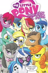 Size: 2063x3131 | Tagged: safe, artist:andypriceart, idw, berry punch, berryshine, bon bon, carrot top, derpy hooves, dj pon-3, doctor whooves, golden harvest, lyra heartstrings, minuette, octavia melody, roseluck, sweetie drops, vinyl scratch, earth pony, pegasus, pony, unicorn, amused, andy you magnificent bastard, background pony, background six, background ten, bon bon is amused, bowtie, comic, cover, dreamworks face, female, lidded eyes, lyra is not amused, male, mare, one eye closed, red eyes, speech bubble, stallion, tongue out, unamused, when she speaks, wink