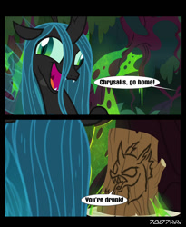 Size: 640x781 | Tagged: safe, edit, edited screencap, editor:teren rogriss, screencap, queen chrysalis, changeling, changeling queen, the beginning of the end, comic, drunk, female, go home you're drunk, horn, log, mare, open mouth, screencap comic, solo, wings