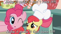 Size: 1280x720 | Tagged: safe, apple bloom, pinkie pie, earth pony, pony, madness mantra, quote, text, trashhumpers, vulgar