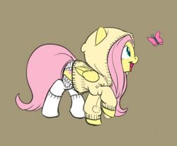 Size: 1210x996 | Tagged: source needed, safe, artist:carnifex, fluttershy, butterfly, pegasus, pony, clothes, cropped, cute, frilly underwear, hoodie, panties, shyabetes, socks, solo, underwear, white underwear