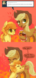 Size: 600x1299 | Tagged: safe, artist:nyonhyon, applejack, braeburn, earth pony, pony, colt, cute, liar face, liarjack, tumblr, valentine's day