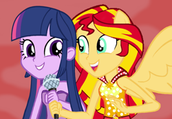 Size: 1024x712 | Tagged: safe, artist:sunsetshimmer333, sunset shimmer, twilight sparkle, equestria girls, rainbow rocks, alicornified, alternate universe, microphone, ponied up, race swap, role reversal, shimmercorn, singing